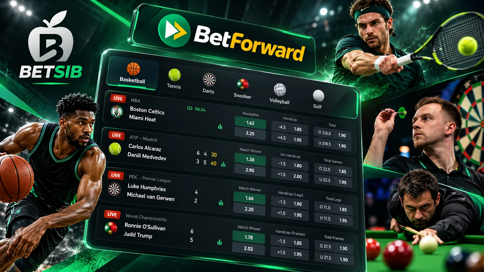 شرط‌بندی ورزش‌های غیر فوتبالی BetForward شامل بسکتبال، تنیس، دارت و اسنوکر